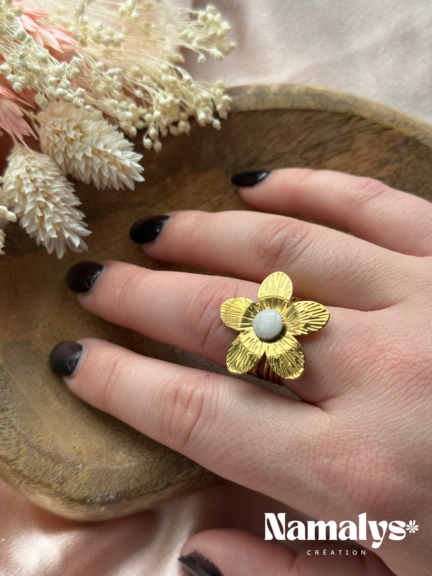 Bague en acier inoxydable fleur